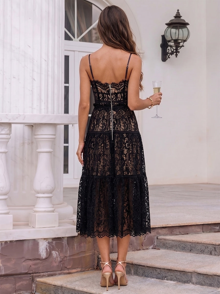 A-Line/Princess Spaghetti Straps Lace Tea-Length Cocktail Dresses