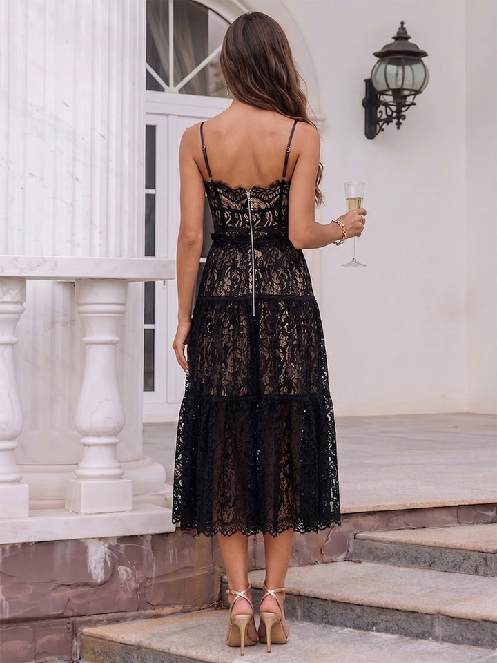 A-Line/Princess Spaghetti Straps Lace Tea-Length Cocktail Dresses