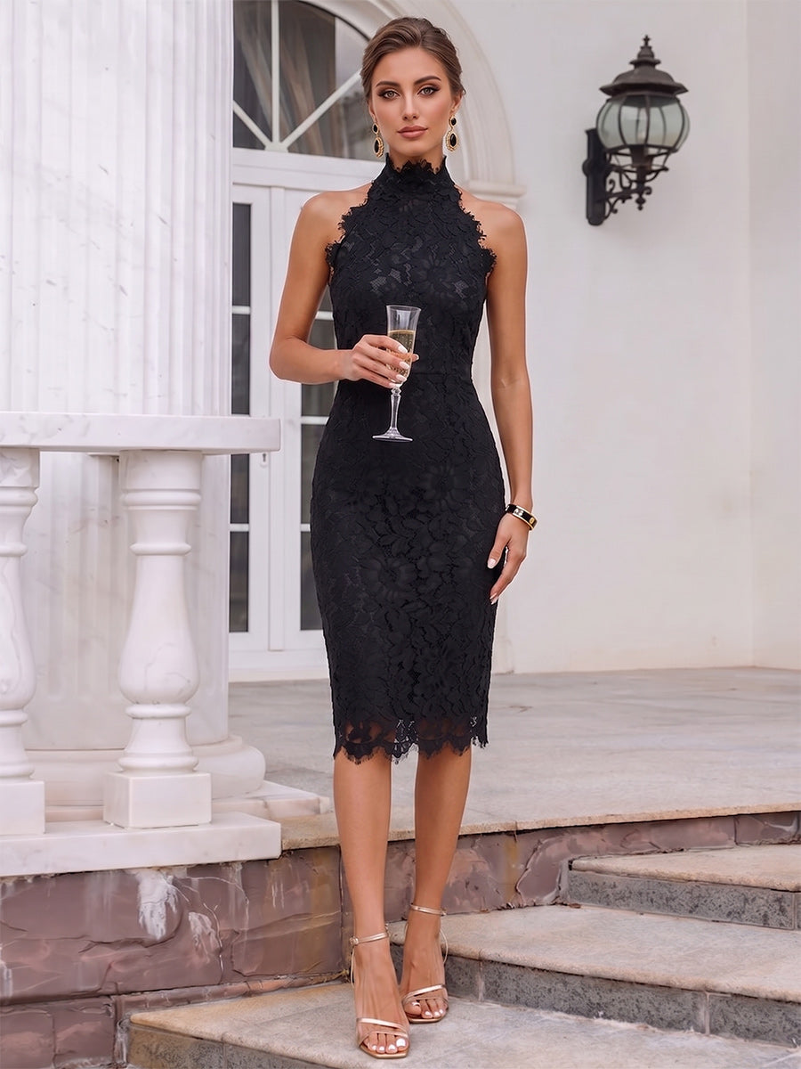 Sheath/Cloumn High Neck Lace Midi Cocktail Dresses with Back Slit
