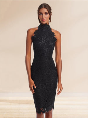 Sheath/Cloumn High Neck Lace Midi Cocktail Dresses with Back Slit