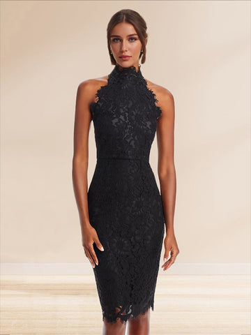 Sheath/Cloumn High Neck Lace Midi Cocktail Dresses with Back Slit