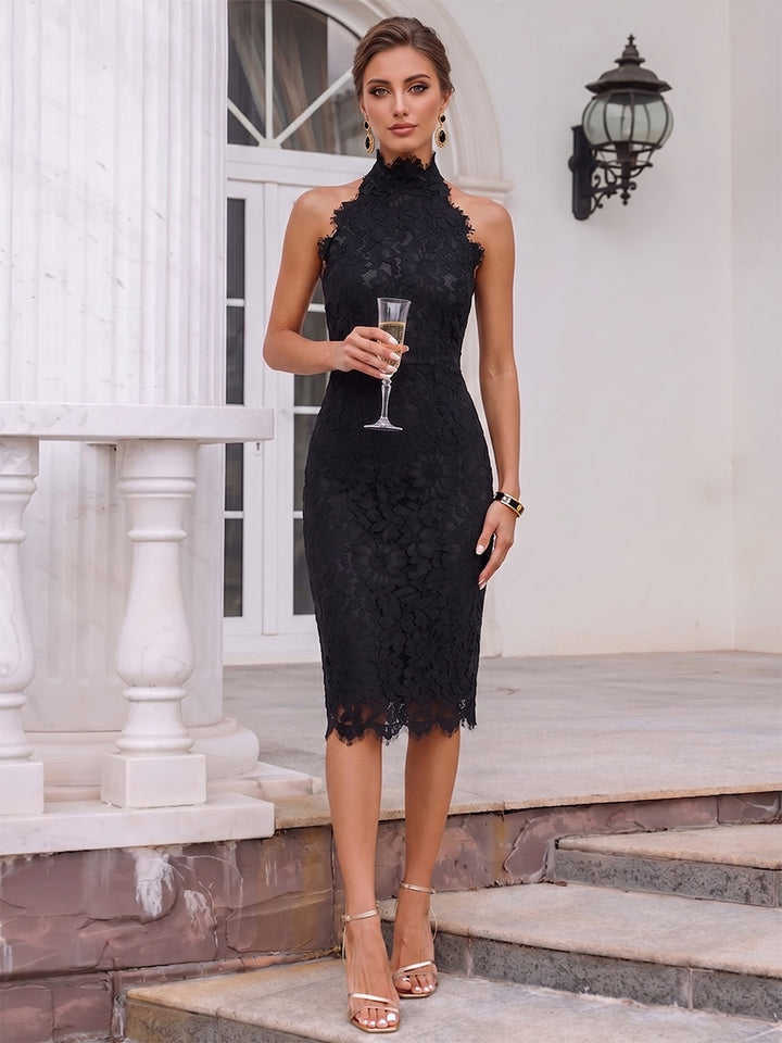 Sheath/Cloumn High Neck Lace Midi Cocktail Dresses with Back Slit