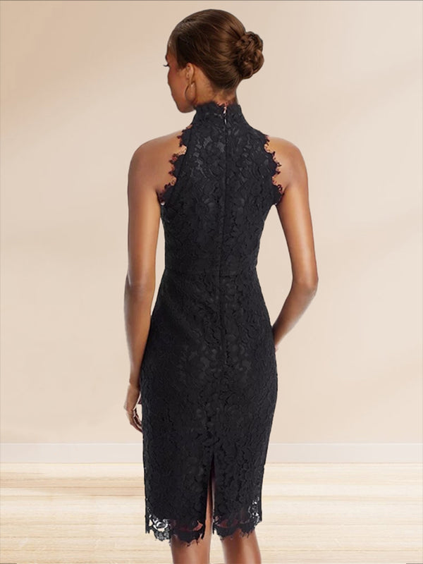 Sheath/Cloumn High Neck Lace Midi Cocktail Dresses with Back Slit