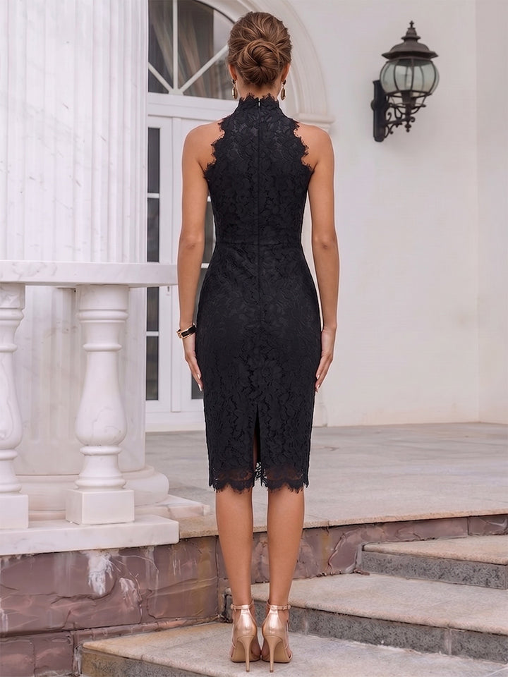 Sheath/Cloumn High Neck Lace Midi Cocktail Dresses with Back Slit