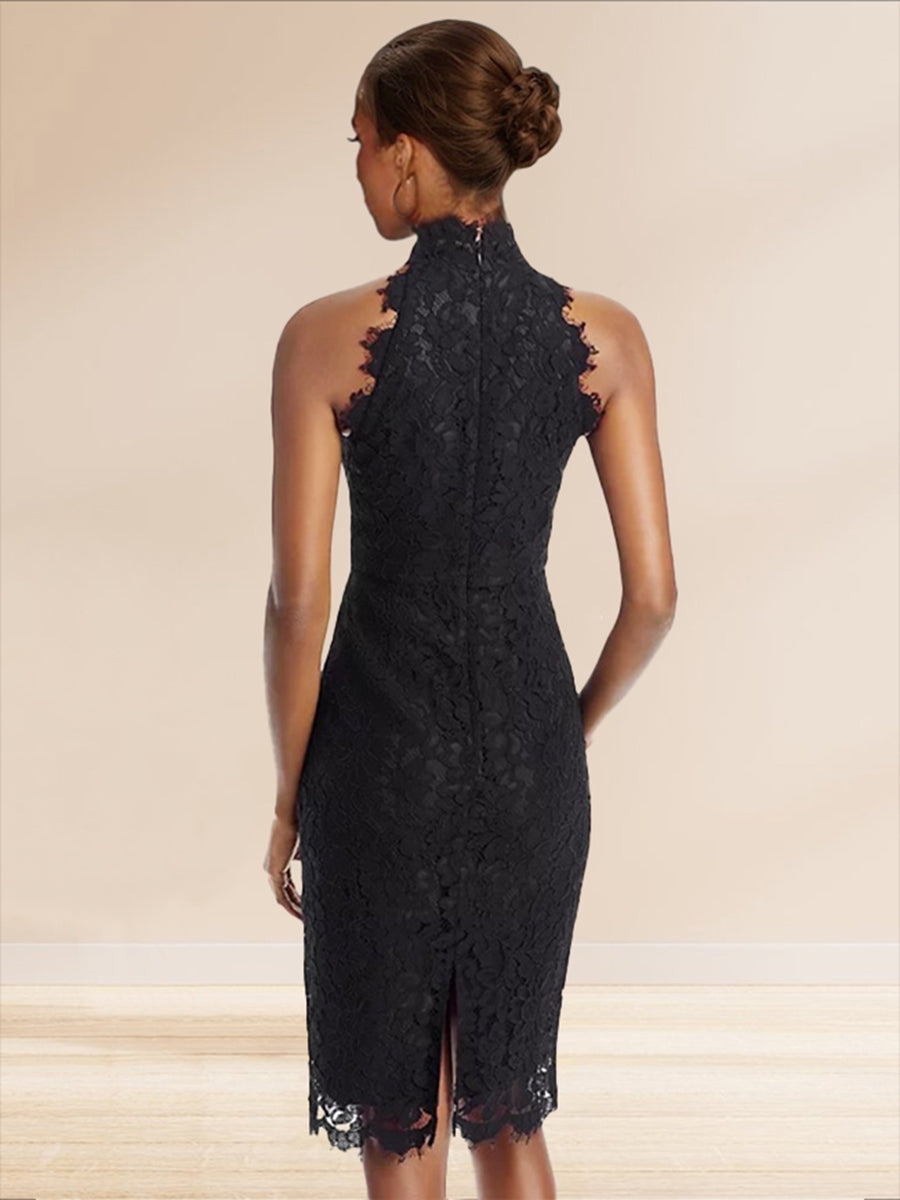 Sheath/Cloumn High Neck Lace Midi Cocktail Dresses with Back Slit