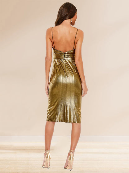 Sheath/Cloumn Spaghetti Straps Metallic Ruched Midi Cocktail Dresses