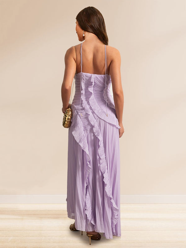 Sheath/Cloumn Halter Neck Sleeveless Ankle Length Pleated Wedding Guest Dresses with Ruffles