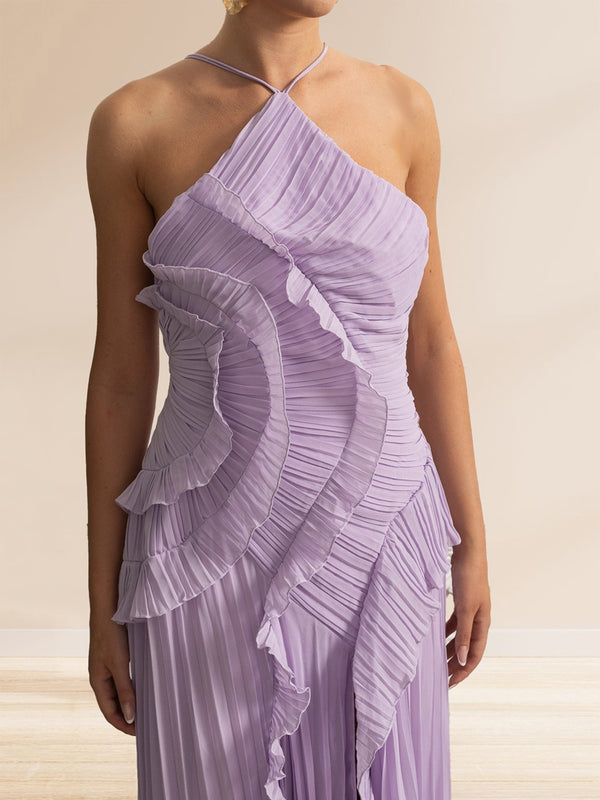 Sheath/Cloumn Halter Neck Sleeveless Ankle Length Pleated Wedding Guest Dresses with Ruffles