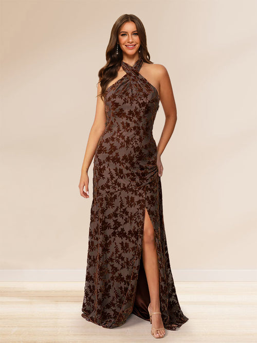 Sheath/Column Halter Sleeveless Floor-Length Floral Bridesmaid Dresses with Split Side