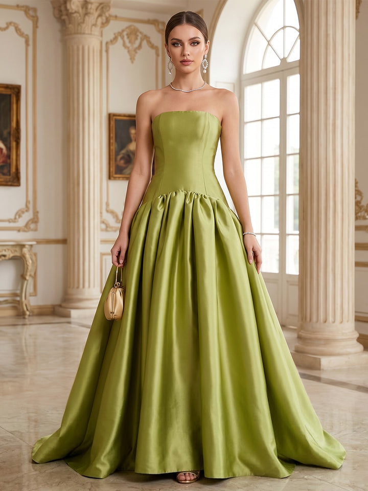 A-Line/Princess Strapless Sweep Train Ruched Prom Dresses