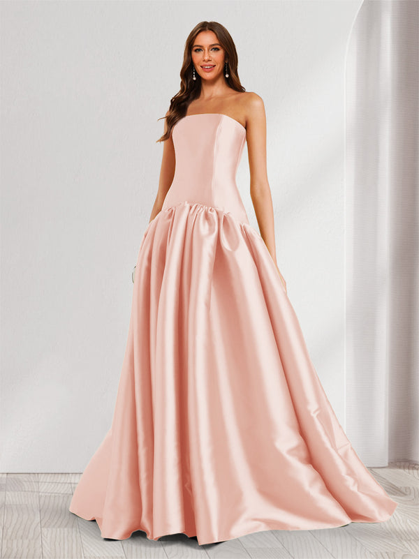 A-Line/Princess Strapless Sweep Train Ruched Prom Dresses