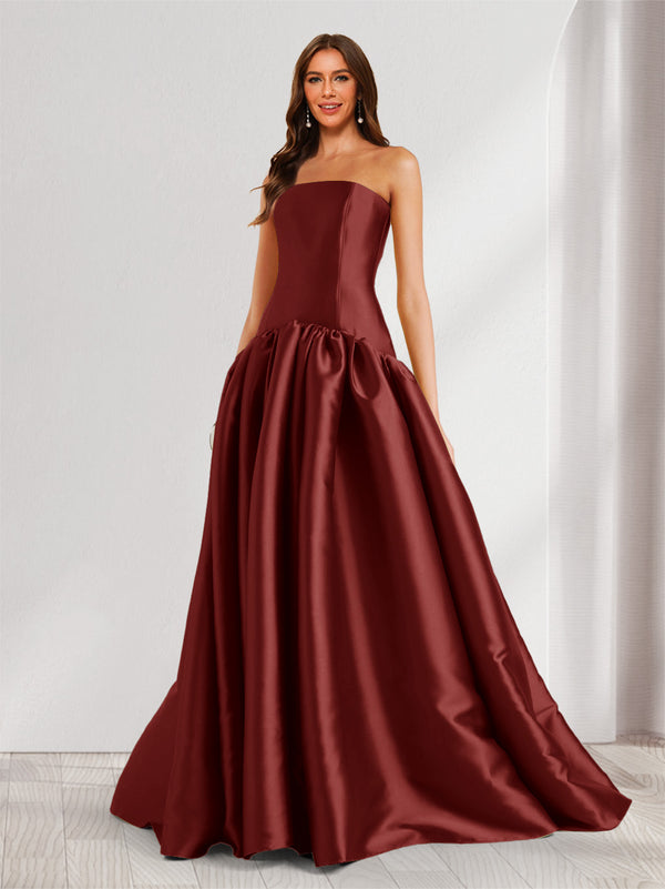 A-Line/Princess Strapless Sweep Train Ruched Prom Dresses