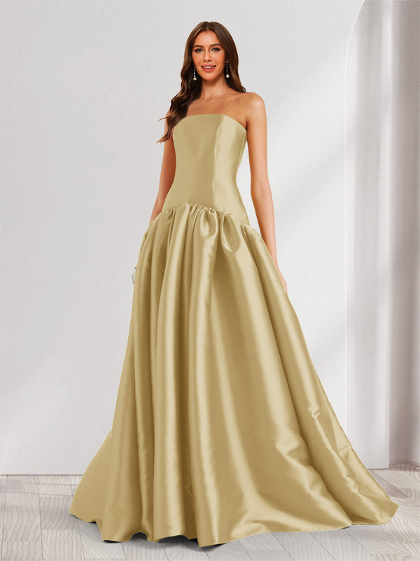 A-Line/Princess Strapless Sweep Train Ruched Prom Dresses