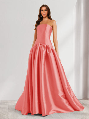 A-Line/Princess Strapless Sweep Train Ruched Prom Dresses