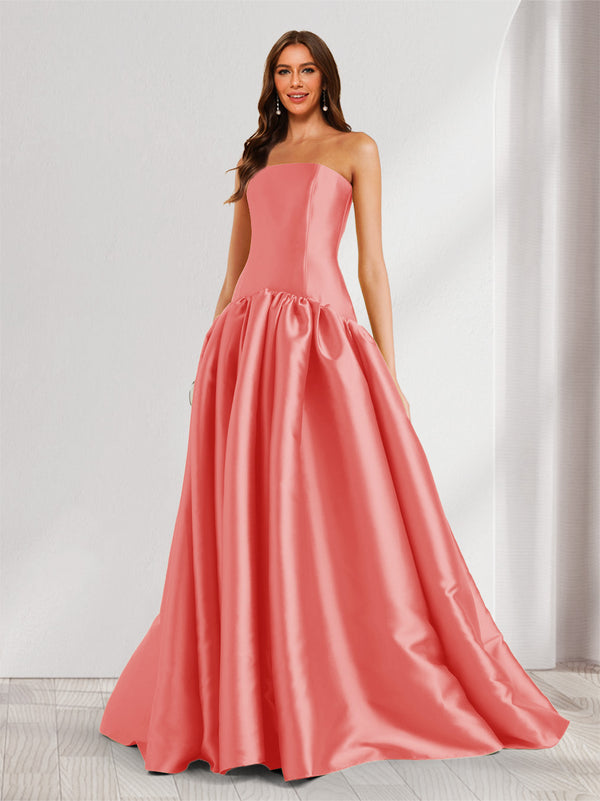 A-Line/Princess Strapless Sweep Train Ruched Prom Dresses