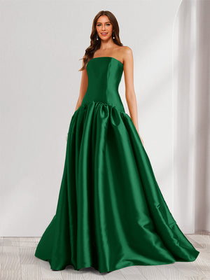 A-Line/Princess Strapless Sweep Train Ruched Prom Dresses