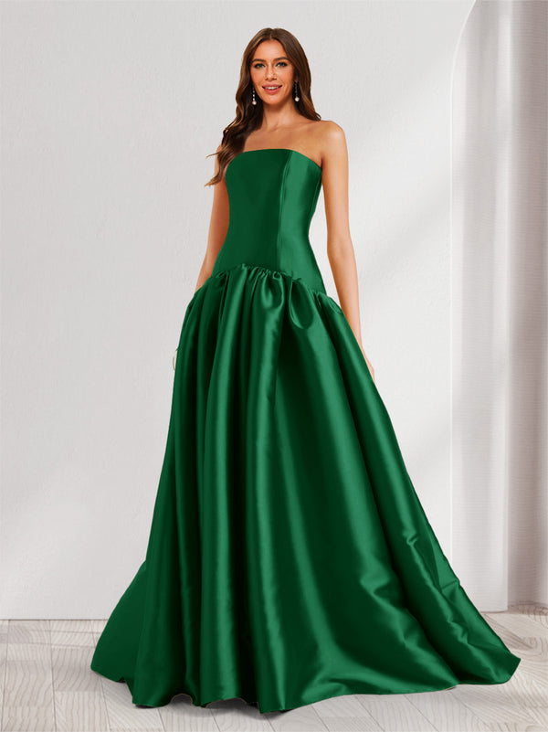 A-Line/Princess Strapless Sweep Train Ruched Prom Dresses