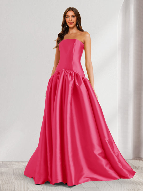 A-Line/Princess Strapless Sweep Train Ruched Prom Dresses