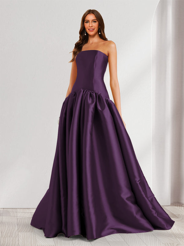 A-Line/Princess Strapless Sweep Train Ruched Prom Dresses