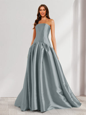 A-Line/Princess Strapless Sweep Train Ruched Prom Dresses