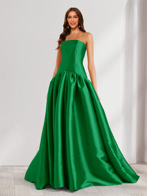 A-Line/Princess Strapless Sweep Train Ruched Prom Dresses