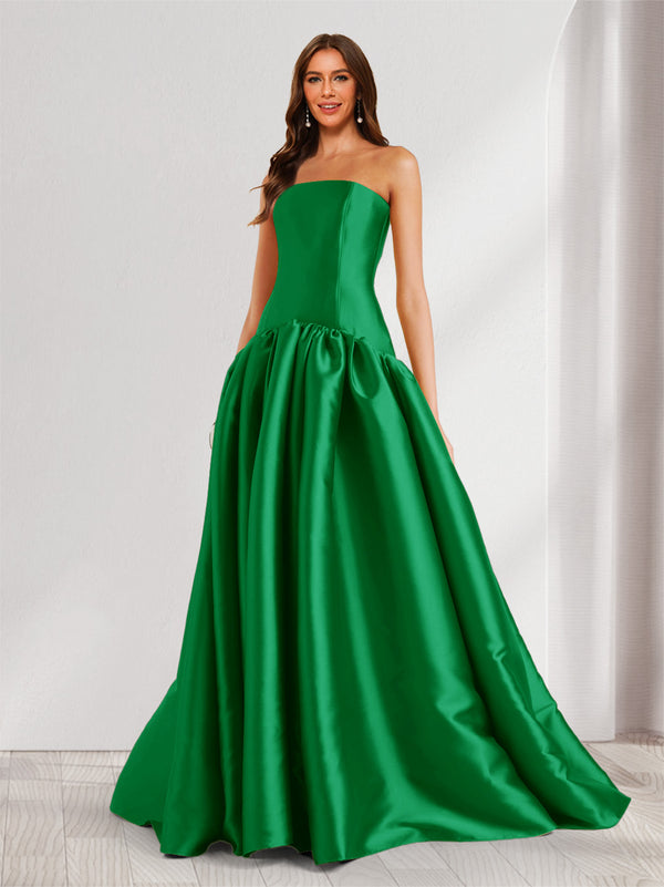A-Line/Princess Strapless Sweep Train Ruched Prom Dresses