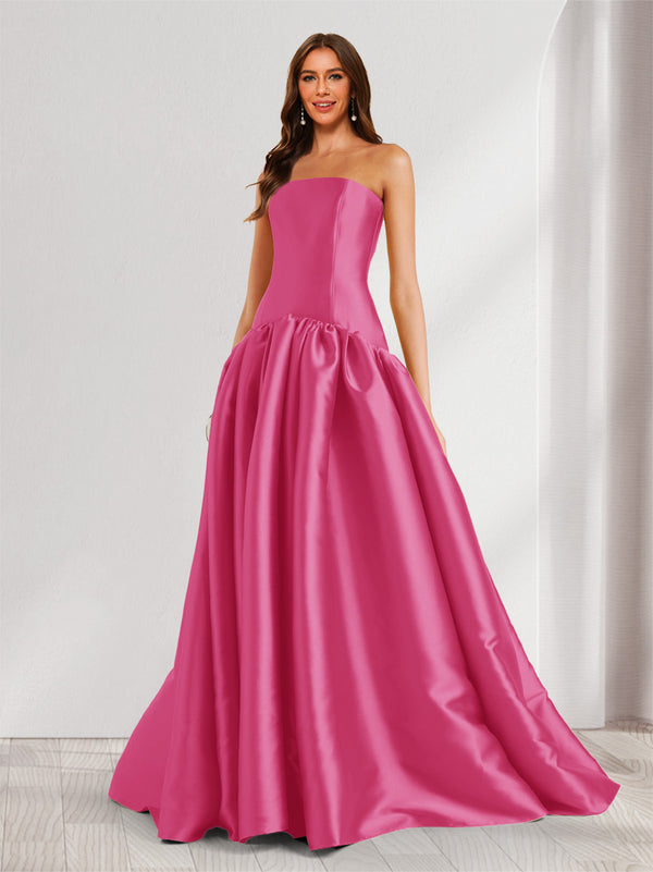 A-Line/Princess Strapless Sweep Train Ruched Prom Dresses
