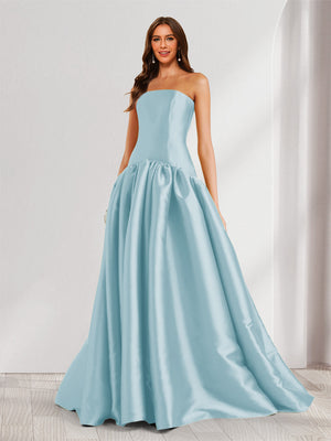 A-Line/Princess Strapless Sweep Train Ruched Prom Dresses