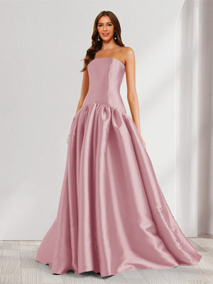 A-Line/Princess Strapless Sweep Train Ruched Prom Dresses