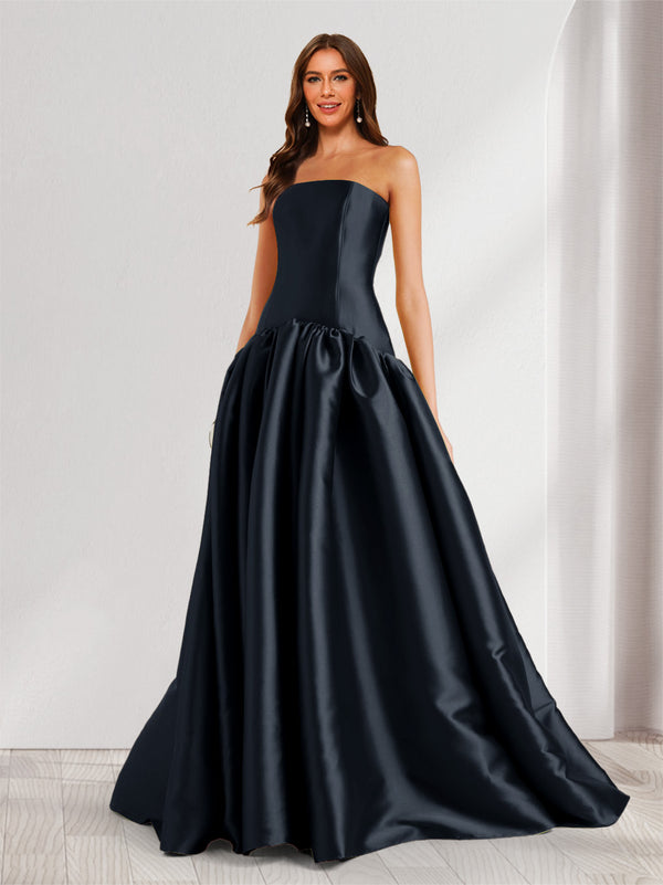 A-Line/Princess Strapless Sweep Train Ruched Prom Dresses