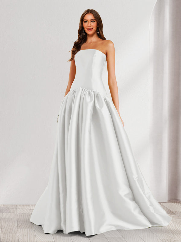 A-Line/Princess Strapless Sweep Train Ruched Prom Dresses