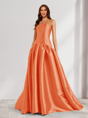A-Line/Princess Strapless Sweep Train Ruched Prom Dresses