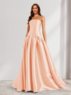 A-Line/Princess Strapless Sweep Train Ruched Prom Dresses