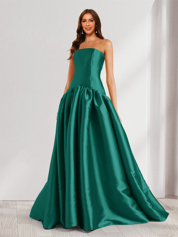A-Line/Princess Strapless Sweep Train Ruched Prom Dresses