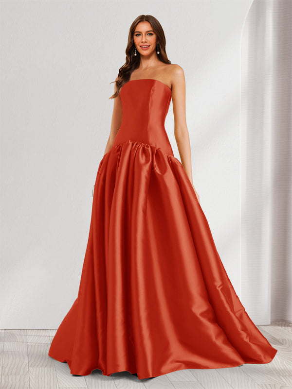 A-Line/Princess Strapless Sweep Train Ruched Prom Dresses