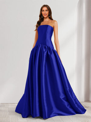 A-Line/Princess Strapless Sweep Train Ruched Prom Dresses