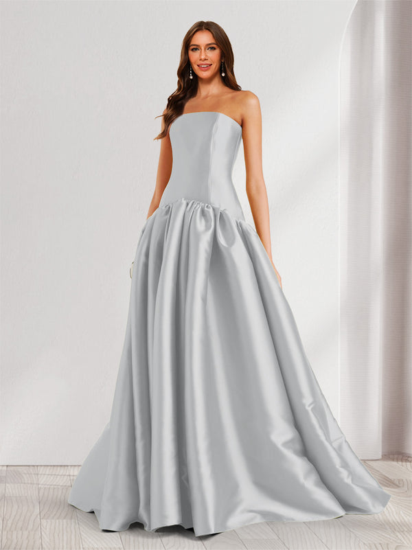 A-Line/Princess Strapless Sweep Train Ruched Prom Dresses