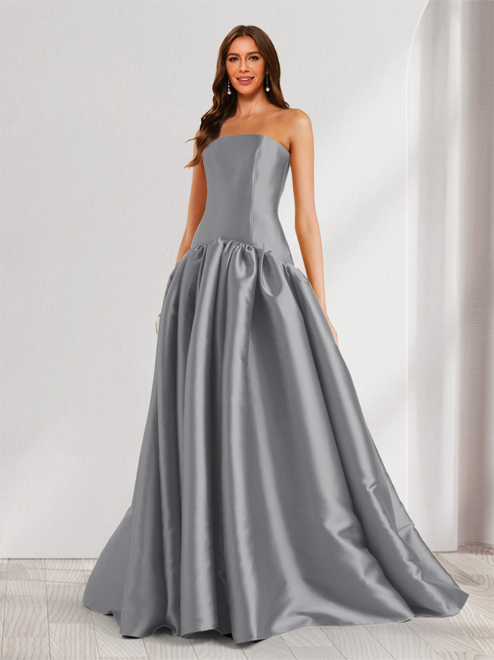 theredthread S oval pleats dress グレー A-Line/Princess Strapless Sweep Train Ruched Prom Dresses