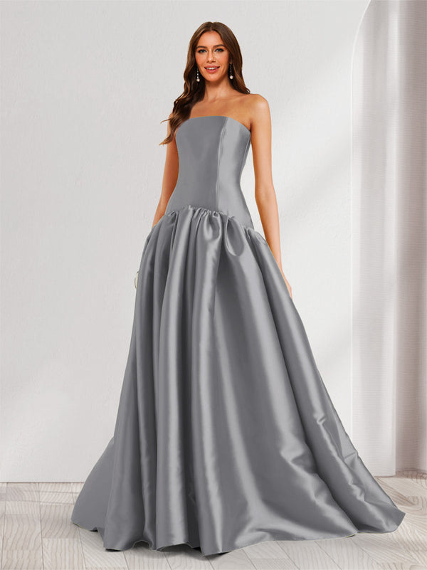 A-Line/Princess Strapless Sweep Train Ruched Prom Dresses