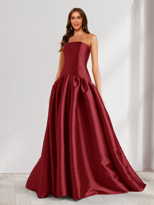 A-Line/Princess Strapless Sweep Train Ruched Prom Dresses