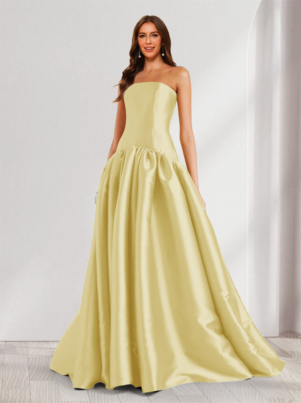 A-Line/Princess Strapless Sweep Train Ruched Prom Dresses