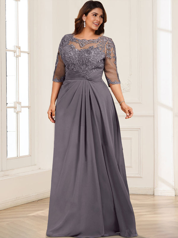 Chiffon A-Line/Princess Illusion Neck Plus Size Mother of the Bride Dresses With Appliques Lace