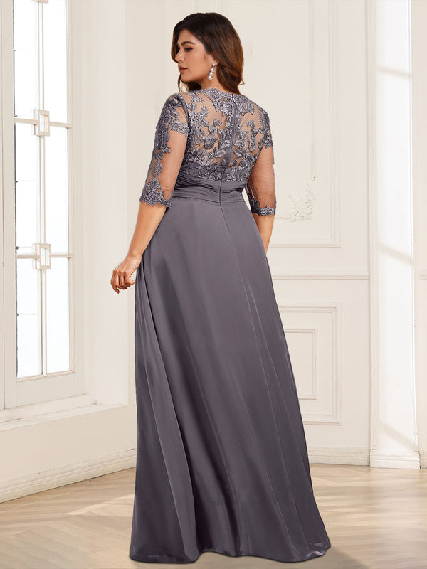 Chiffon A-Line/Princess Illusion Neck Plus Size Mother of the Bride Dresses With Appliques Lace