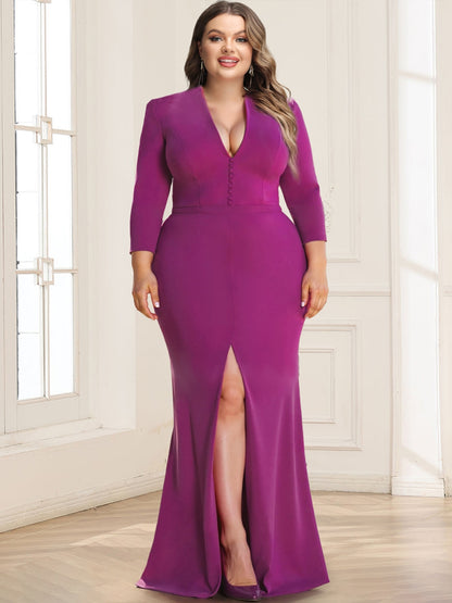 Elastic Satin Sheath/Column V-Neck Plus Size Mother of the Bride Dresses With Split