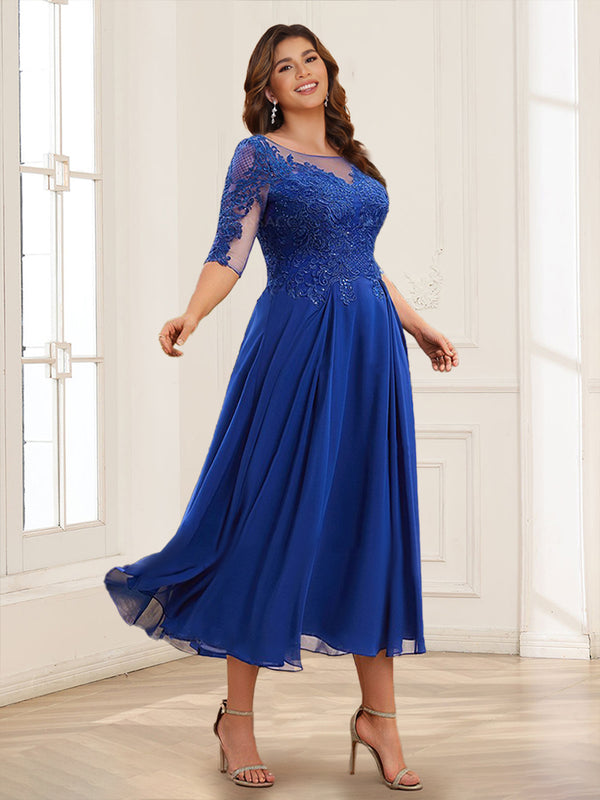 A-Line/Princess Illusion Neck Chiffon Plus Size Mother of the Bride Dresses With Appliques Lace