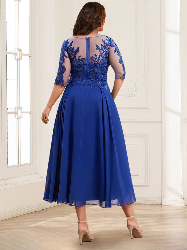 A-Line/Princess Illusion Neck Chiffon Plus Size Mother of the Bride Dresses With Appliques Lace