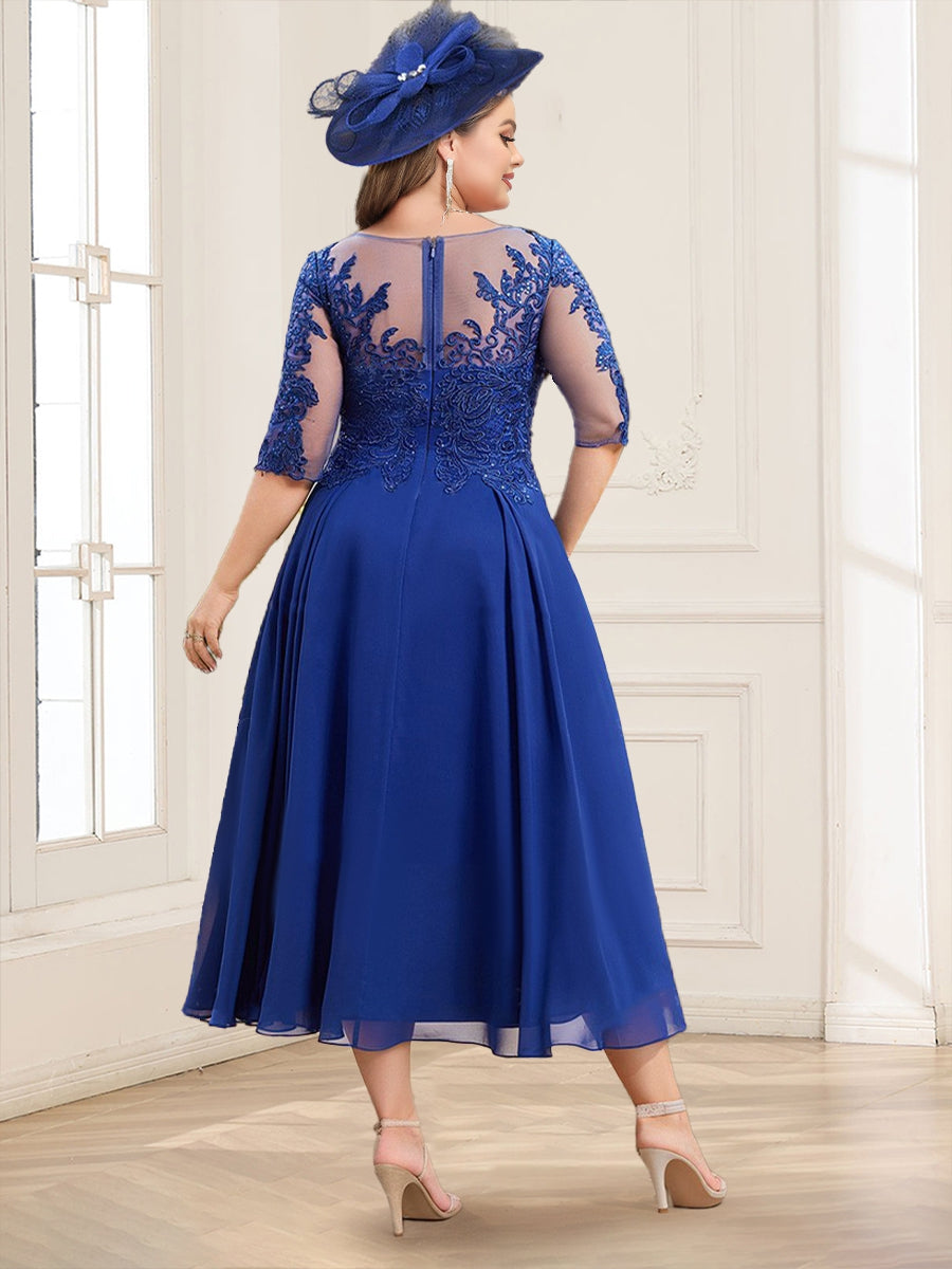 A-Line/Princess Illusion Neck Chiffon Plus Size Mother of the Bride Dresses With Appliques Lace