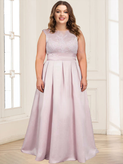 Satin A-Line/Princess Crew Neck Plus Size Mother of the Bride Dresses With Lace Appliques