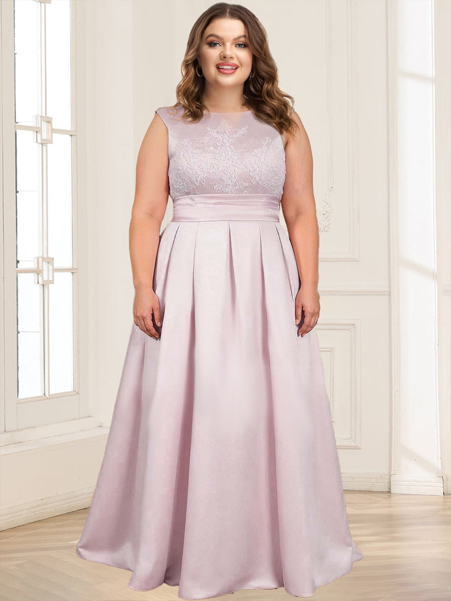 Satin A-Line/Princess Crew Neck Plus Size Mother of the Bride Dresses With Lace Appliques