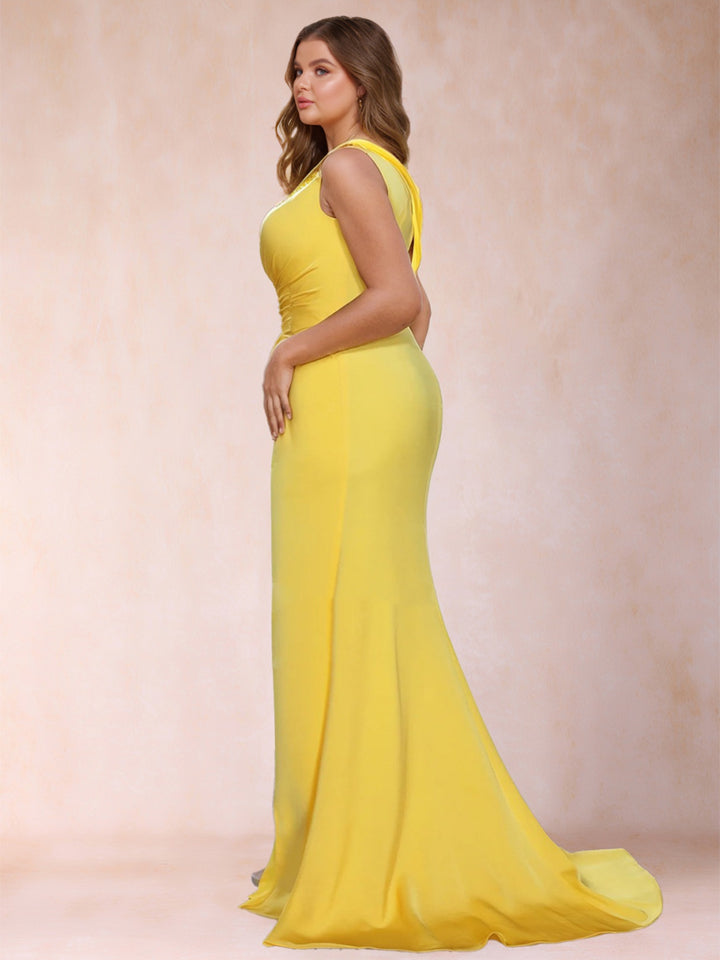 Satin Sheath/Column One-Shoulder Plus Size Mother of the Bride Dresses With Split &amp; Beading